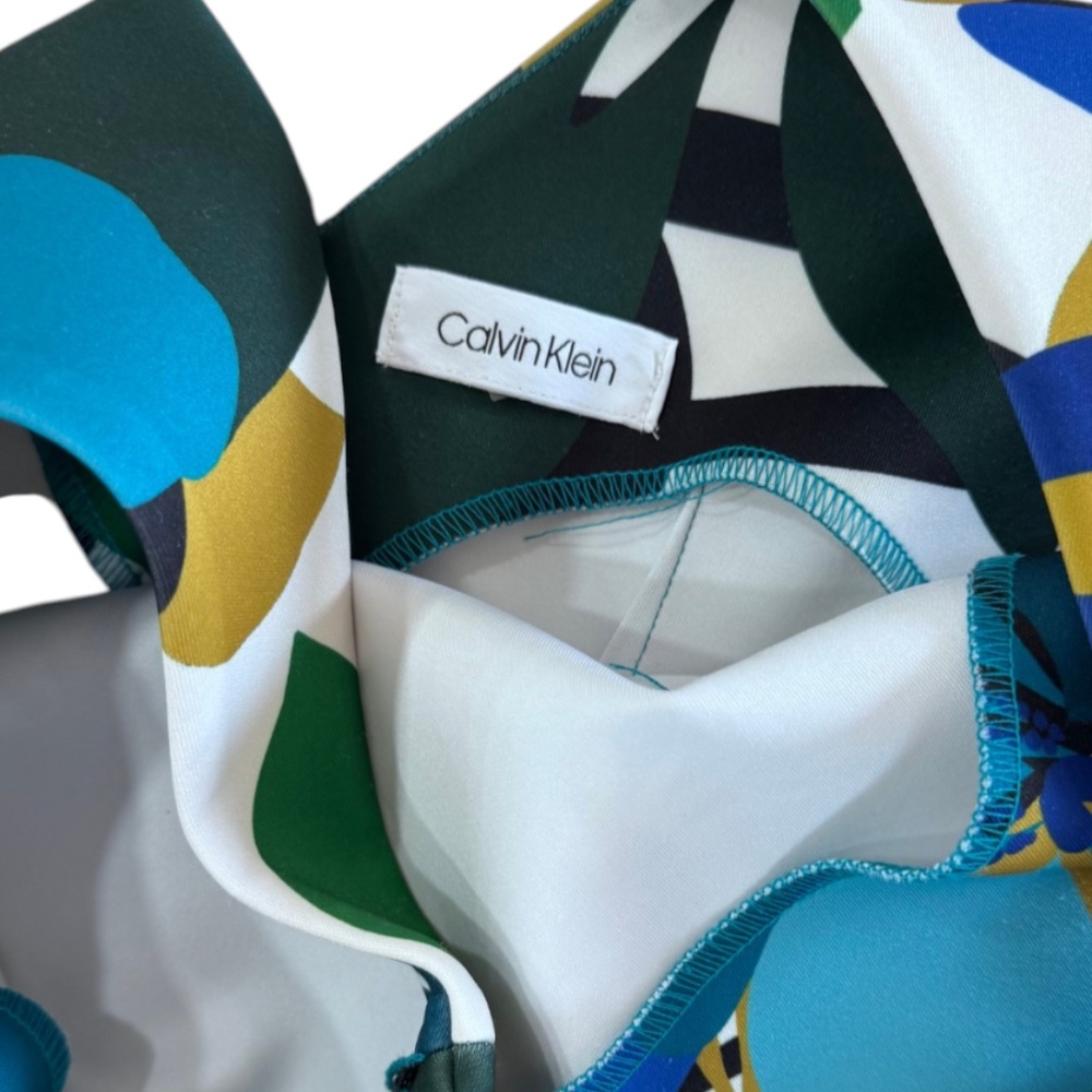 CALVIN KLEIN  - SLEEVELESS MIDI DRESS - FLORAL PRINT - WHITE/BLUE/GREEN - 6P - Picture 4 of 5
